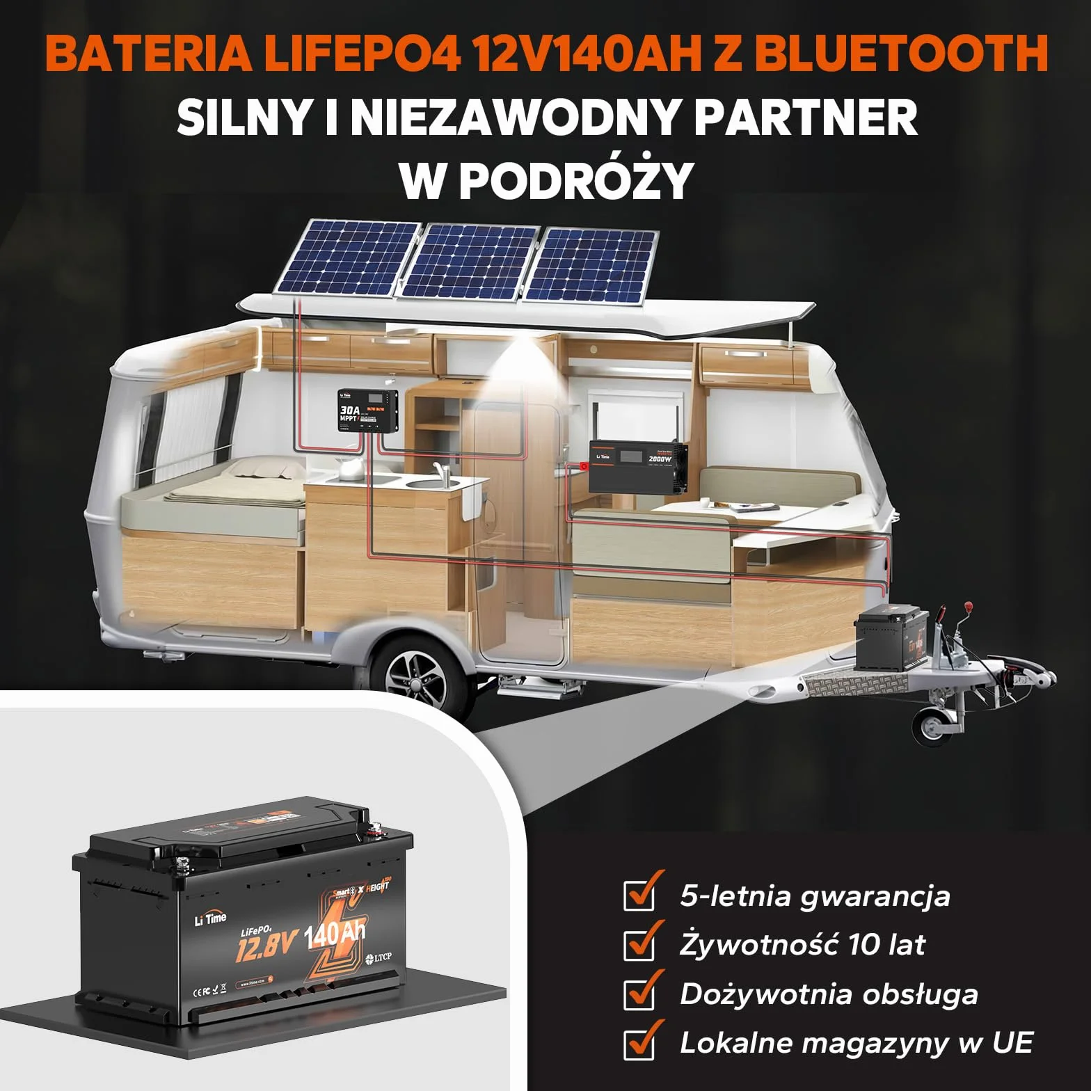 LiTime Bateria 12V 140Ah W190 LiFePO4 Bluetooth z ochroną przed niskimi temperaturami i 100A BMS, Ponad 4000 Cykli, Idealna Do Kamperów Wymiar DIN H8 L5 GROUP49