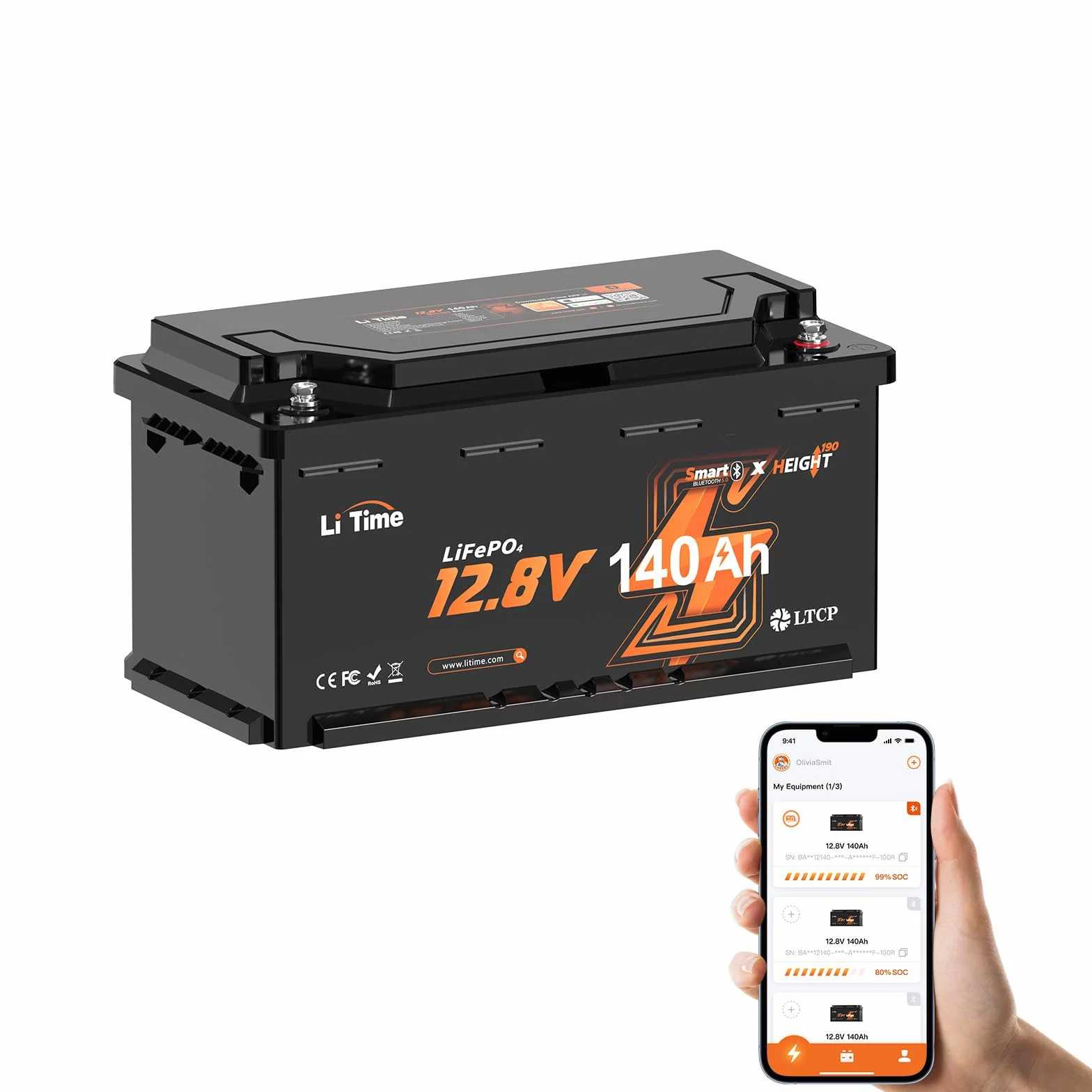 LiTime Bateria 12V 140Ah W190 LiFePO4 Bluetooth z ochroną przed niskimi temperaturami i 100A BMS, Ponad 4000 Cykli, Idealna Do Kamperów Wymiar DIN H8 L5 GROUP49