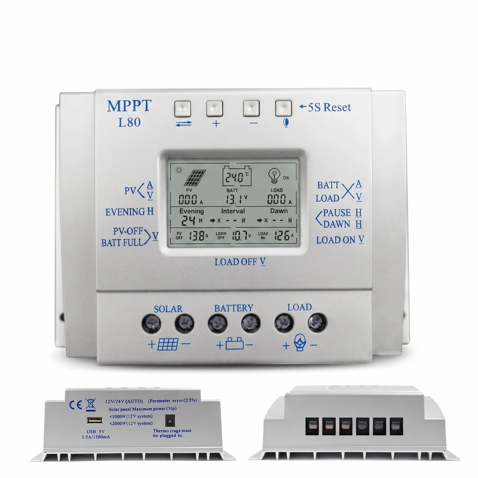 Kontroler ładowania słonecznego 80 A, regulator solarny 12 V/24 V, 80 A, dla maks. wejścia 48 V, ze sterowaniem światłem i timerem, wyjście USB 5 V