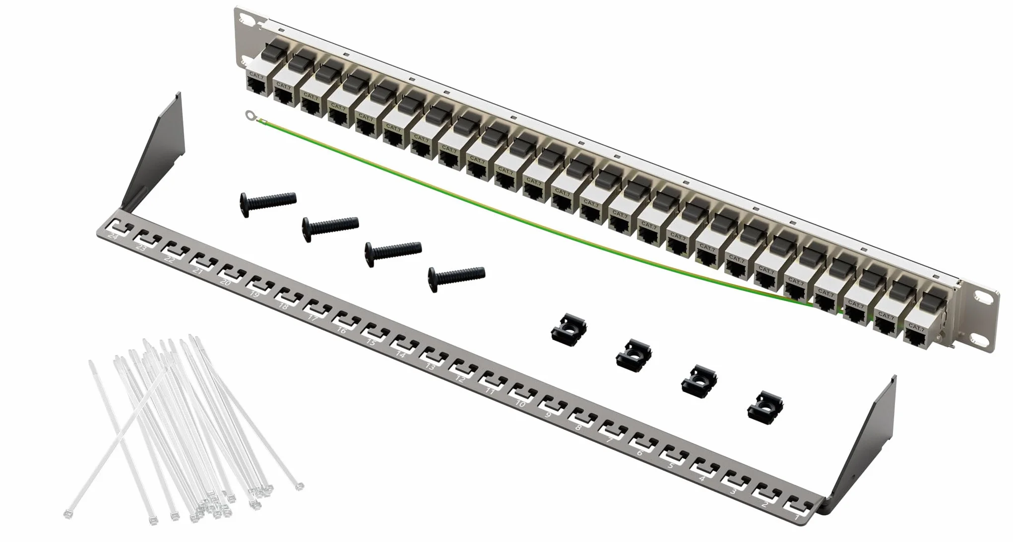 FGB 24-portowy panel krosowy 10 Gb/s 1U i ekranowany łącznik Keystone Cat7 RJ45, 48.3 cm do montażu w szafie lub na ścianie panel krosowy z tylnym paskiem, sieciowy panel krosowy do gigabitowego