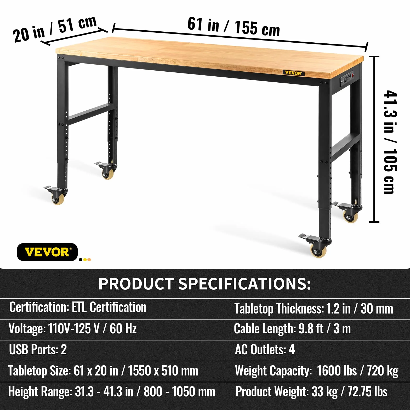 VEVOR Stół warsztatowy, 155 x 51 x 105 cm Stół roboczy O6120 Regulowana wysokość od 80 do 105 cm do garażu, warsztatów, sklepów komercyjnych, warsztatów samochodowych, biur i domów