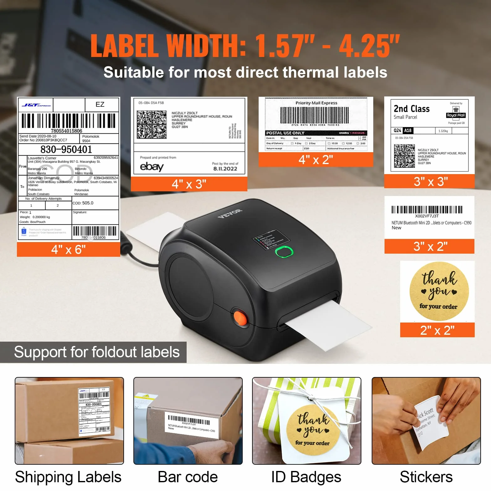 VEVOR Drukarka termiczna Bluetooth, drukarka etykiet Edesive 4x6, etykieciarka termiczna kompatybilna z Windows/MAC OS/Linux/Chromebook, obsługuje DHL, USPS, FedEx, Shopify, Ebay, Amazon itp.