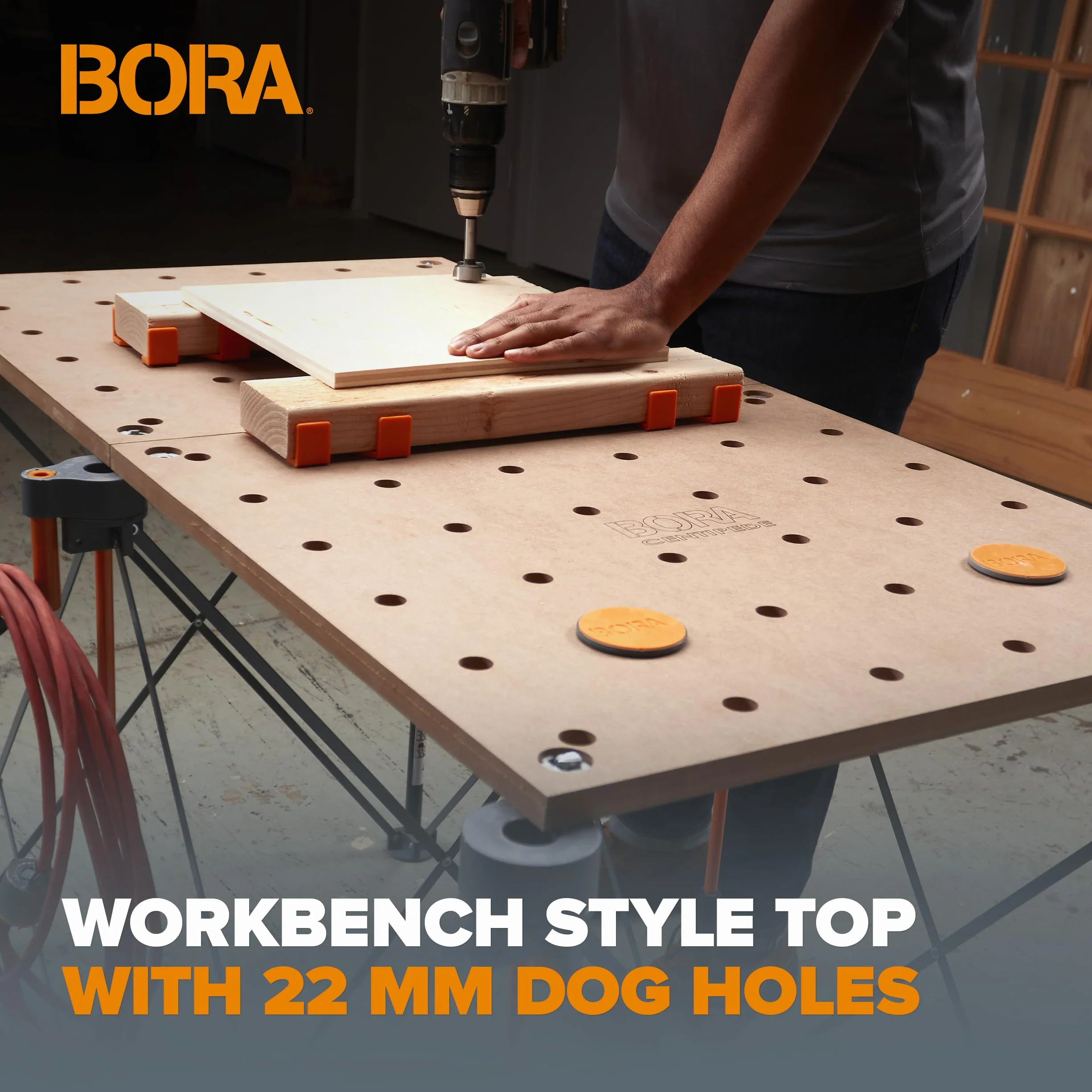 Bora Blat stołu warsztatowego Centipede do Bora Centipede, stojących, koni, 61 cm x 122 cm, zawiera drewniany blat z otworami dla psów 20 mm + 6 uchwytów z szybkim obrotem do przenośnej, tymczasowej