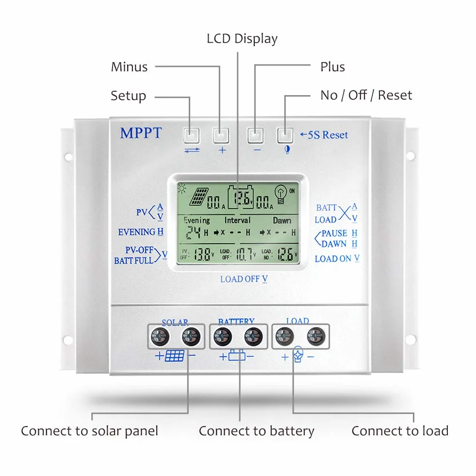 Kontroler ładowania słonecznego 80 A, regulator solarny 12 V/24 V, 80 A, dla maks. wejścia 48 V, ze sterowaniem światłem i timerem, wyjście USB 5 V