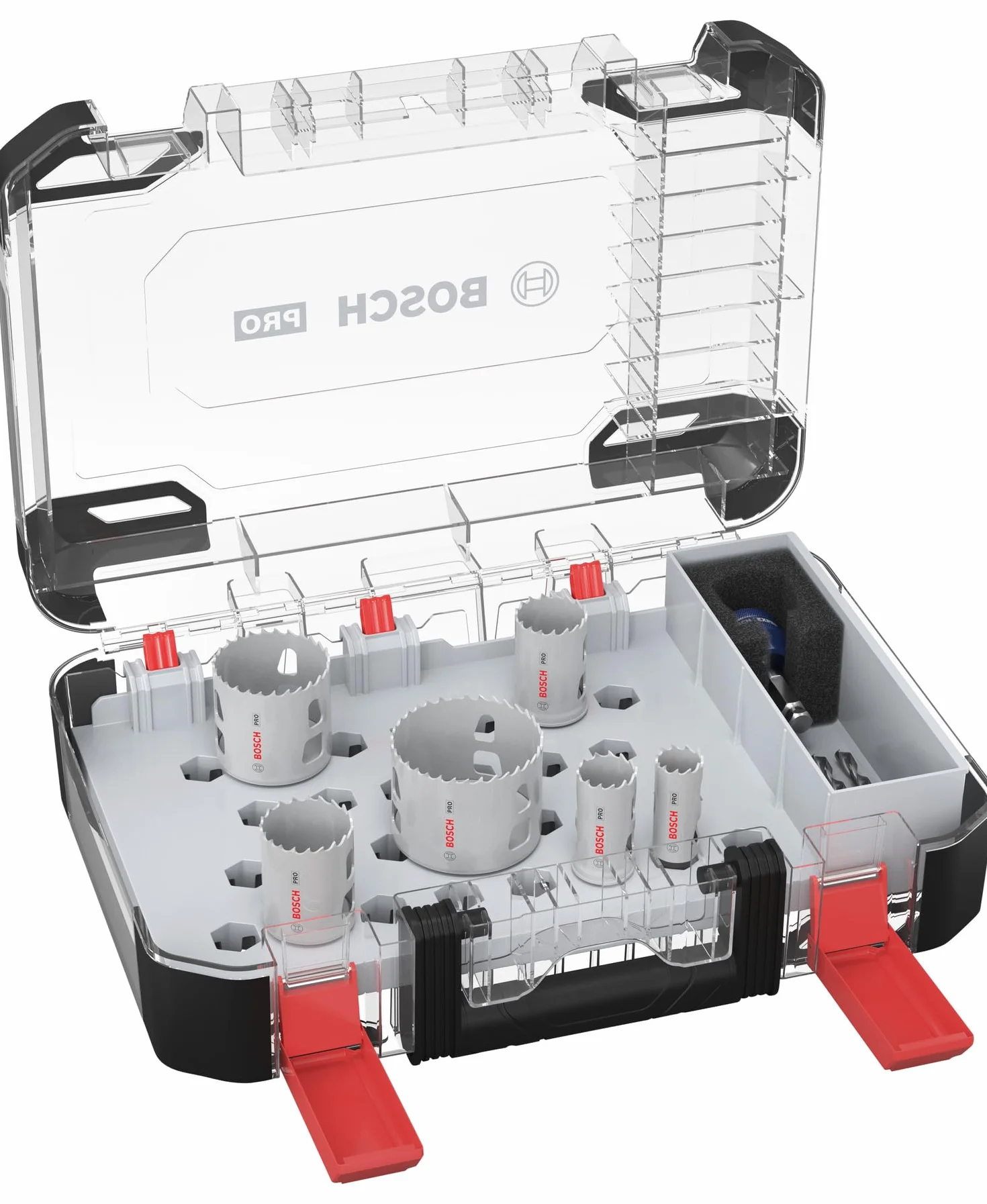 Bosch 9 x PRO Multi Material Power Change Plus zestaw otwornic – przezroczyste etui (do miękkiego drewna, płyt kartonowo-gipsowych, Ø 20-64 mm, profesjonalne akcesoria do wiertarki/wkrętarki)