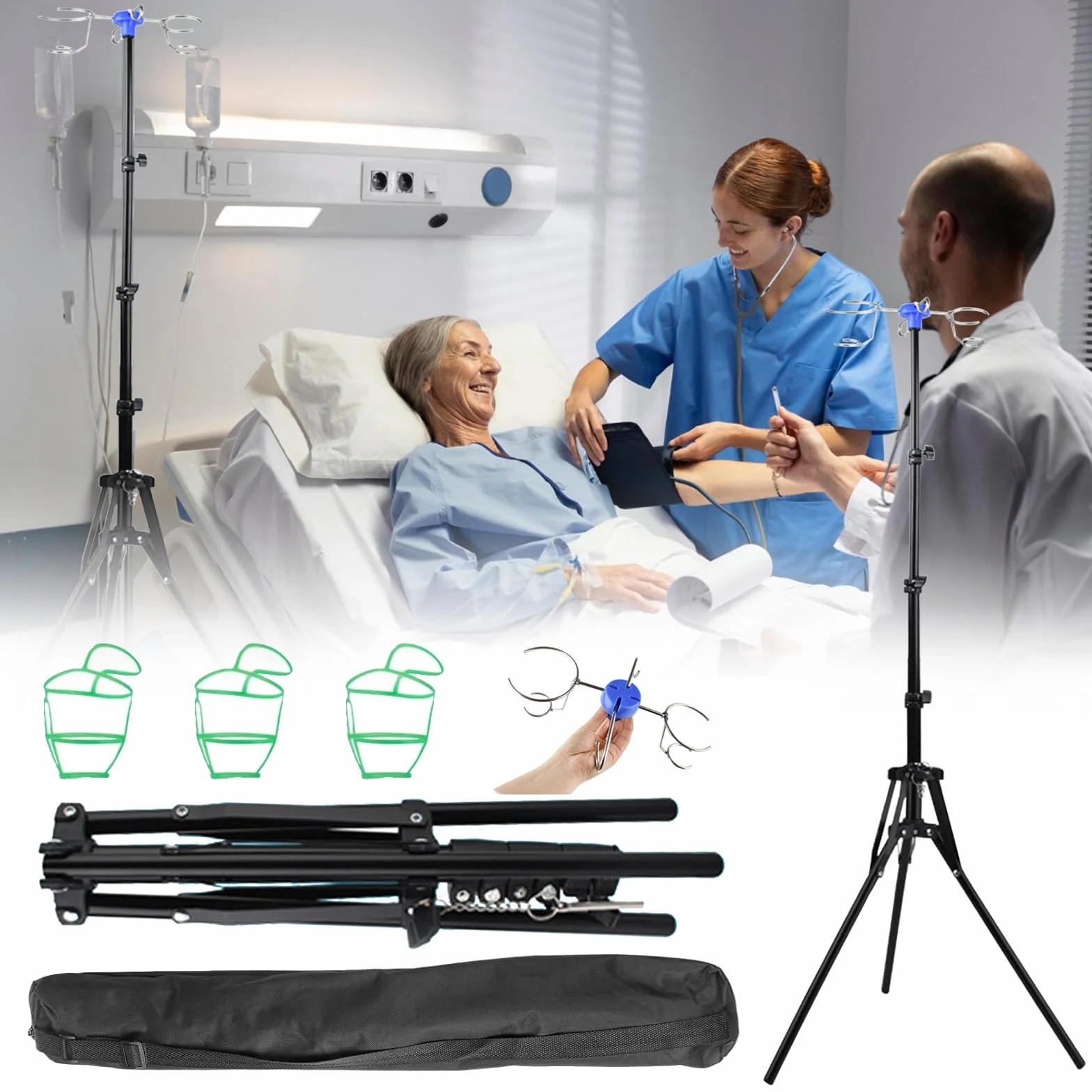 Regulowany stojak na infuzję, składany drążek IV, regulacja wysokości 87-190 cm, ociekacz z 4 haczykami i praktycznym uchwytem na ampułki, ze stabilnym statywem, do szpitala i domowej pielęgnacji