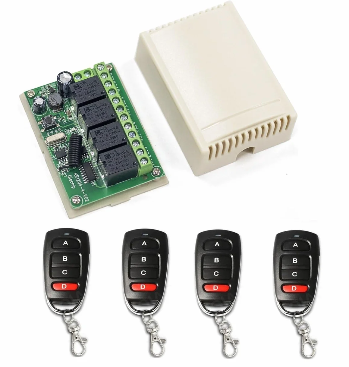 QIACHIP Przełącznik zdalnego sterowania DC 12 V, 24 V, 4CH 433 Mhz RF, moduł odbiornika bezprzewodowego z 4 nadajnikami, do bagażnika ciężarówki, silnika, garażu, zamka elektrycznego