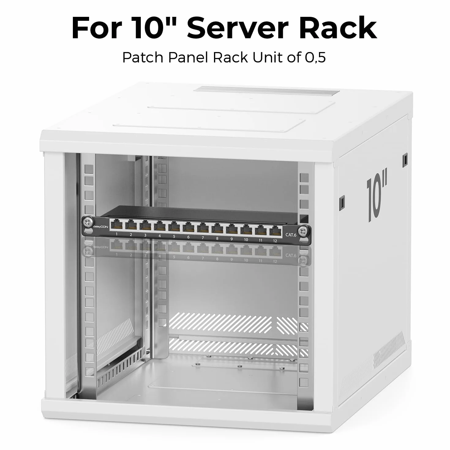 deleyCON CAT 6 0.5U Patch Panel Mini Patch Panel 12 Portów - Desktop 10 Cali Montaż w Szafie Serwerowej RJ45 Ekranowany TIA568A TIA568B RAL 9005 Czarny