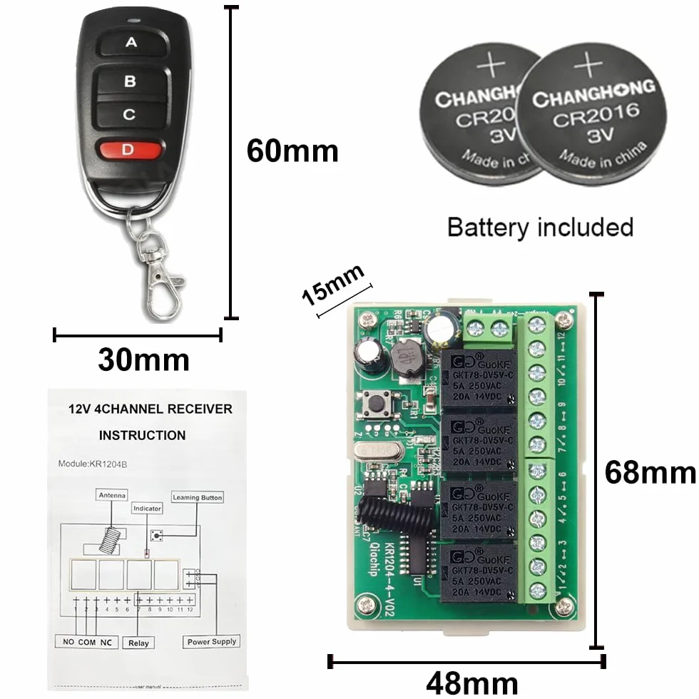 QIACHIP Przełącznik zdalnego sterowania DC 12 V, 24 V, 4CH 433 Mhz RF, moduł odbiornika bezprzewodowego z 4 nadajnikami, do bagażnika ciężarówki, silnika, garażu, zamka elektrycznego