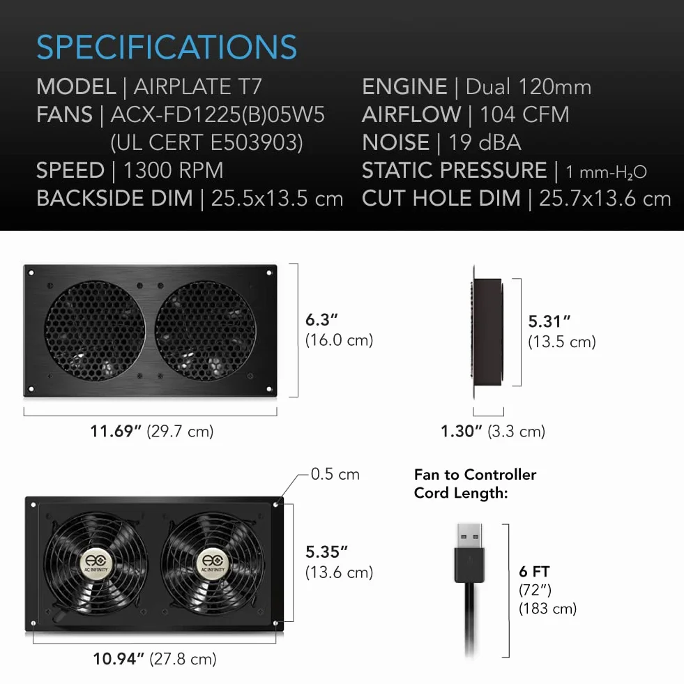 AC Infinity AIRPLATE T7, cichy system wentylatora chłodzącego 30 cm ze sterowaniem termostatem, do szafek kina domowego, 30 cm