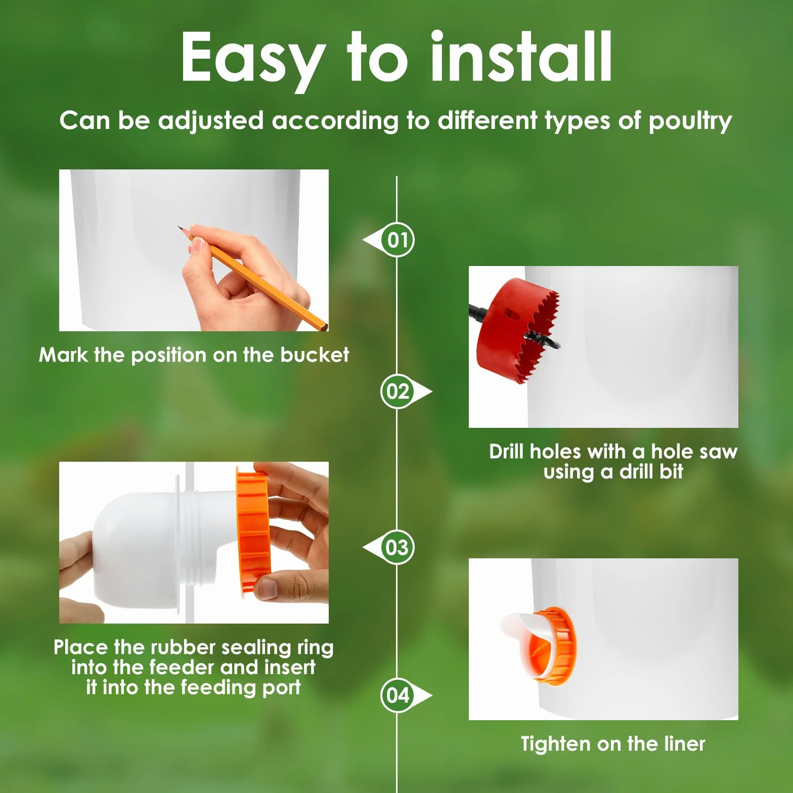 6 sztuk automatów do karmy dla kur, karmy dla kurcząt, pojemnik z kołkami, otwornicą, wiertłem